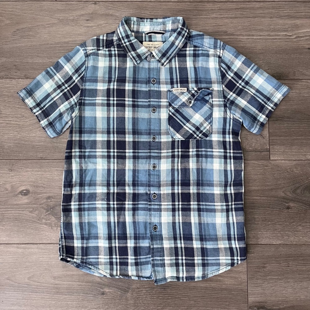 Lucky Brand Kids Blue Plaid Short Sleeve Button Down Shirt Built To Rock Size M